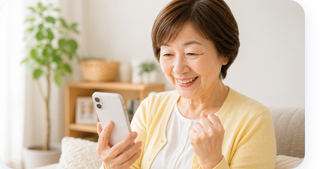 スマホを見て笑顔のシニア女性