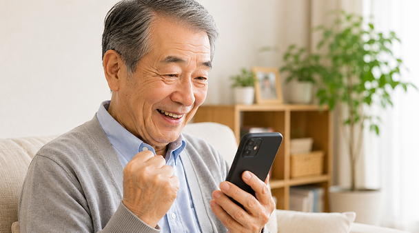 スマホを見て笑顔のシニア男性